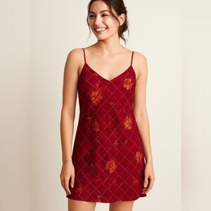 Victoria’s Secret Vintage 90’s Red Floral Print 100% Silk Chemise Slip Dress